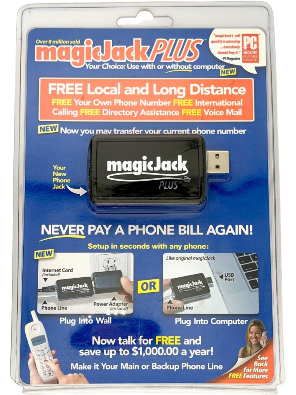 magicJack Plus Free Local Long Distance Calling USB Telephone Adapter Phone Jack